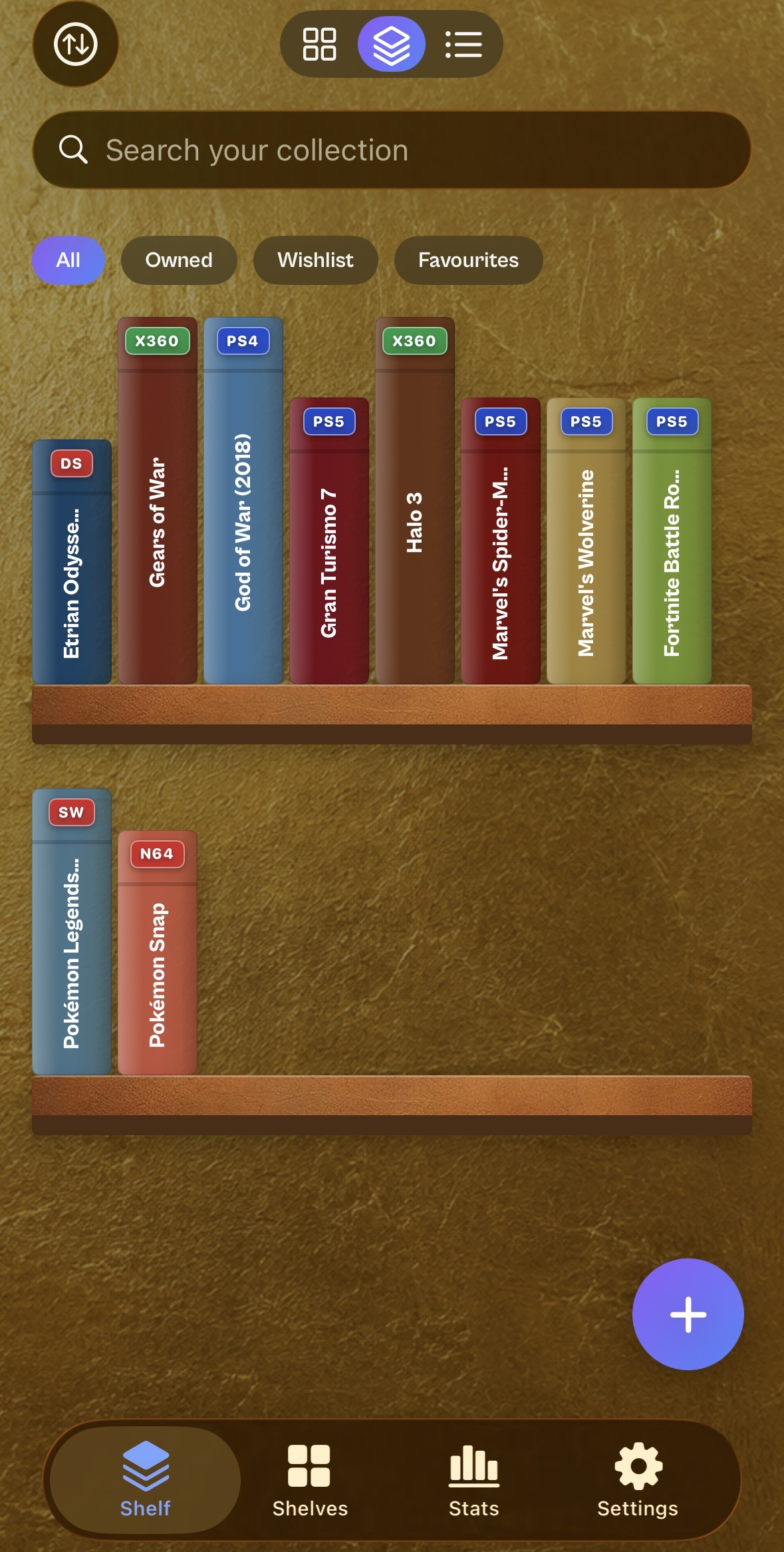 Bauble Games shelf view showing owned games as coloured spines with platform badges, grouped across two wooden shelves