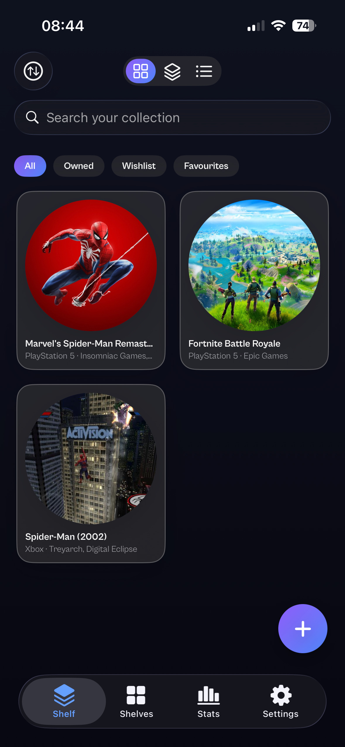 Bauble Games grid view showing game cover art for Marvel's Spider-Man Remastered, Fortnite Battle Royale, and Spider-Man (2002)