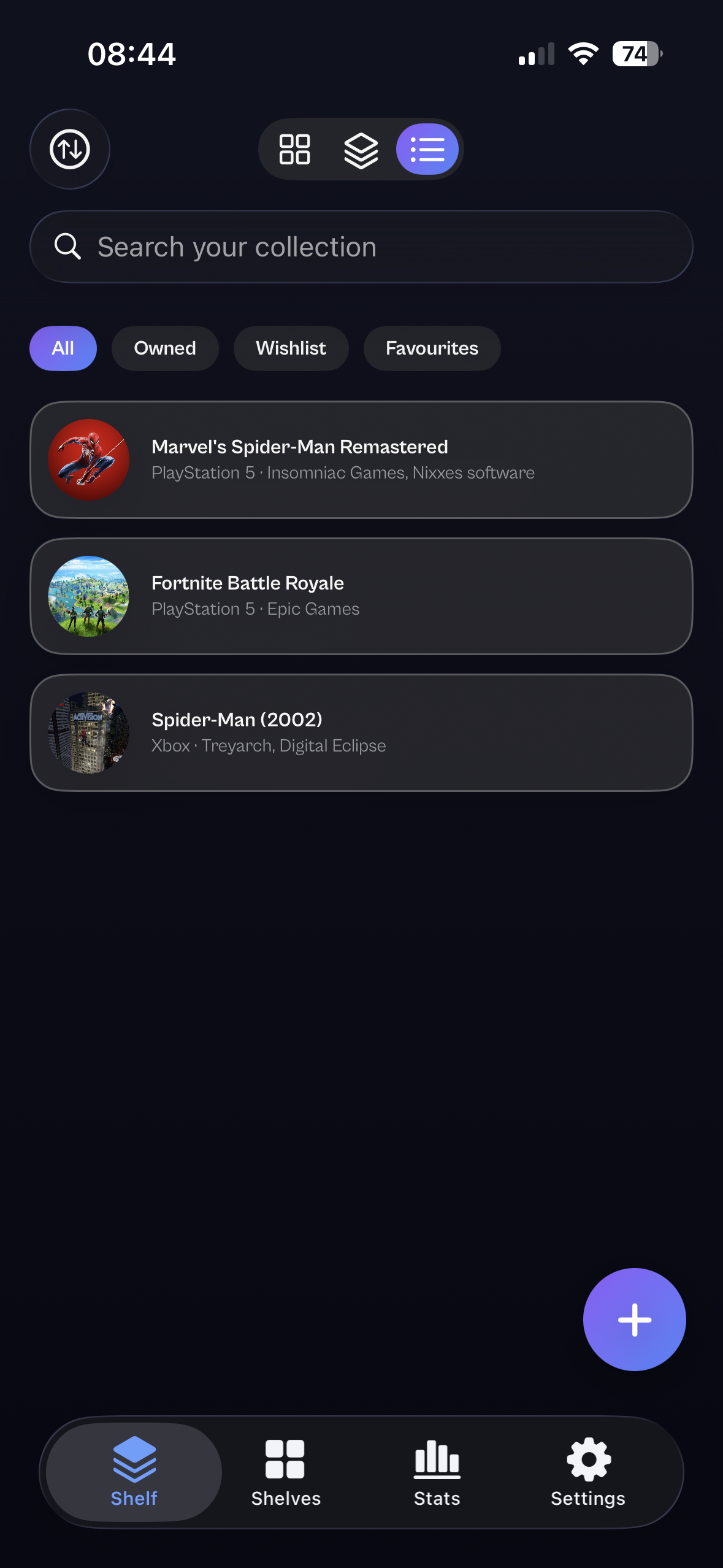 Bauble Games list view showing games with cover thumbnails, platform, and developer