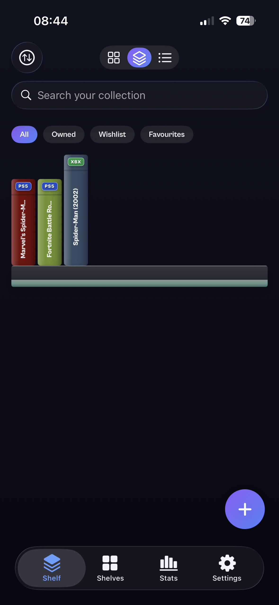 Bauble Games shelf view showing three game spines standing on a virtual shelf